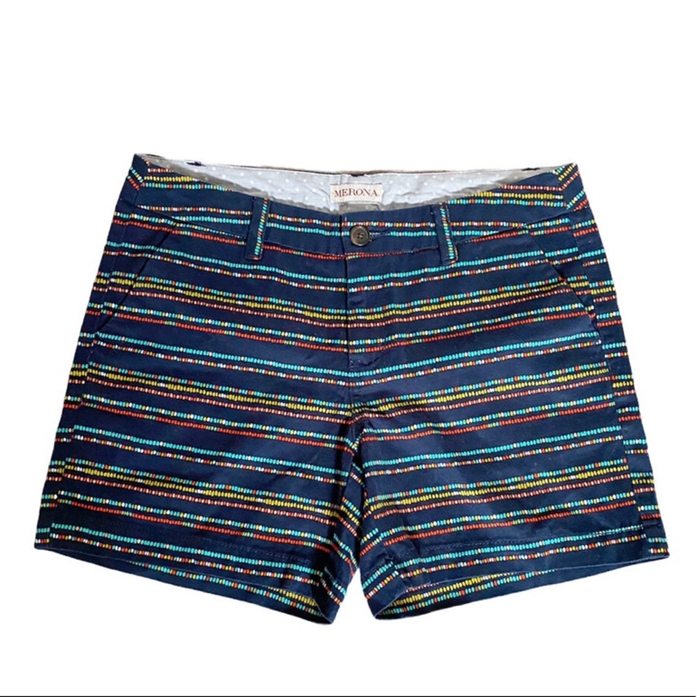 Merona 100% Cotton Multi Colored Striped Shorts Pockets Belt Loops Button Zip